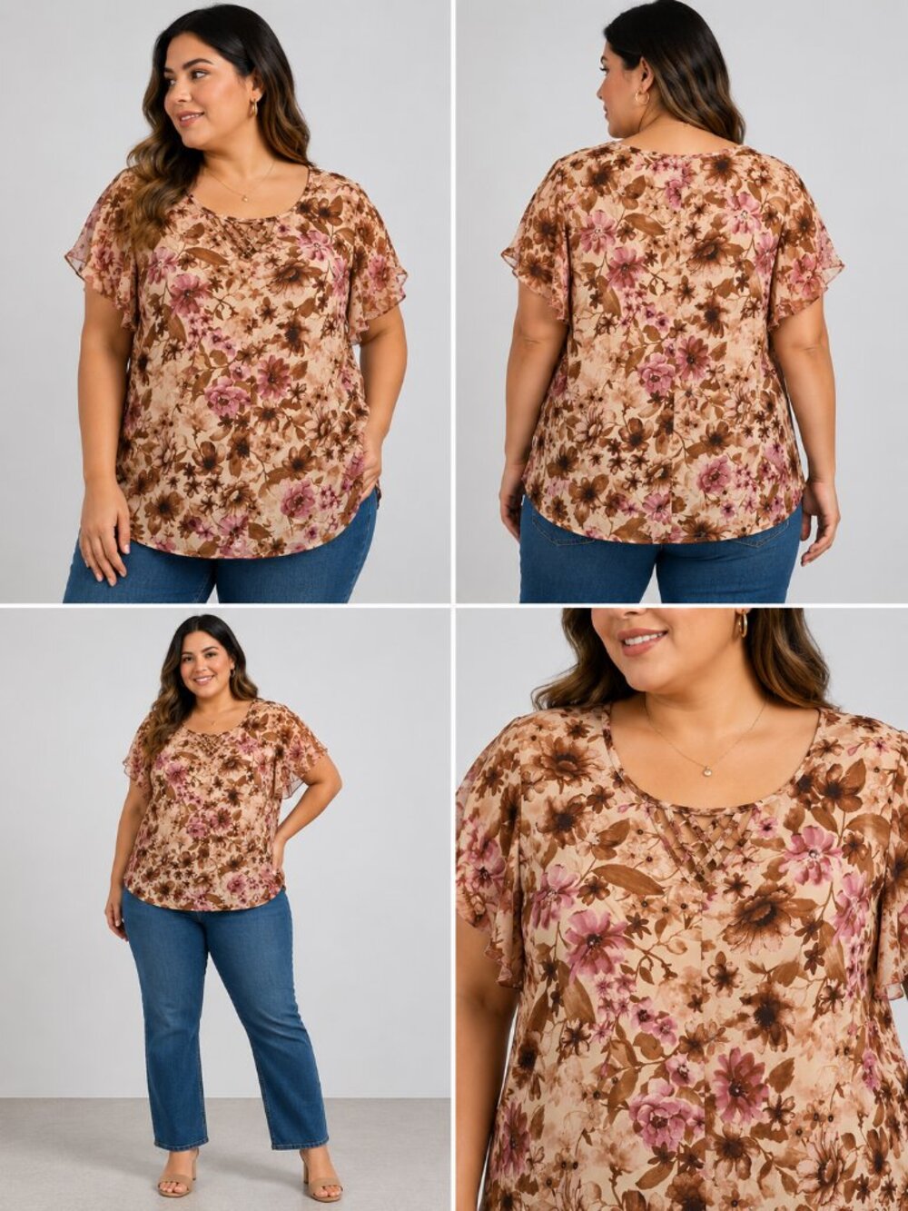 Adele & May Floral Blouse Size L Sheer Ruffle Sleeves Pink Brown